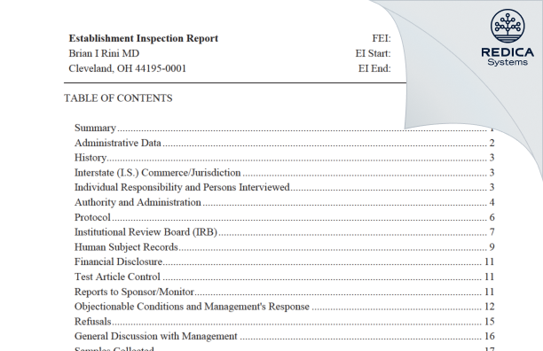 EIR - Brian I Rini MD [Cleveland / United States of America] - Download PDF - Redica Systems