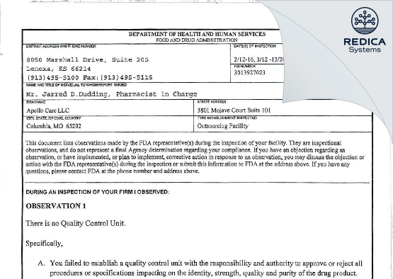 FDA 483 - Apollo Care, LLC [Columbia / United States of America] - Download PDF - Redica Systems