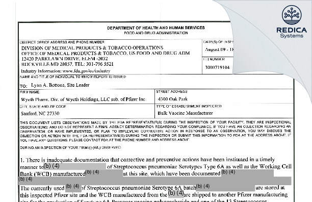 FDA 483 - Wyeth Pharmaceutical Division of Wyeth Holdings LLC [Sanford / United States of America] - Download PDF - Redica Systems