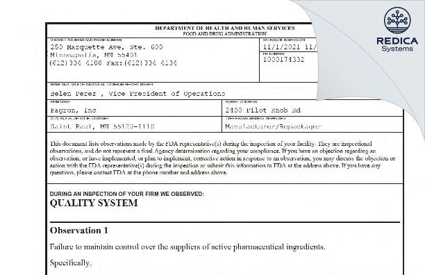 FDA 483 - Fagron Inc [St Paul / United States of America] - Download PDF - Redica Systems