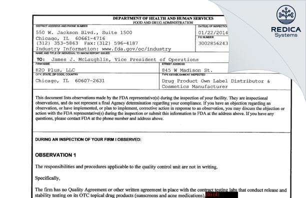 FDA 483 - H2O Plus, LLC [Chicago / United States of America] - Download PDF - Redica Systems