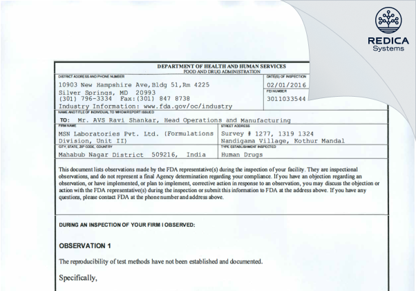 FDA 483 - MSN LABORATORIES PRIVATE LIMITED [India / India] - Download PDF - Redica Systems