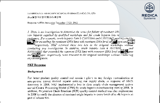 FDA 483 Response - Nanjing King-Friend Biochemical Pharmaceutical Co.,Ltd. [China / China] - Download PDF - Redica Systems