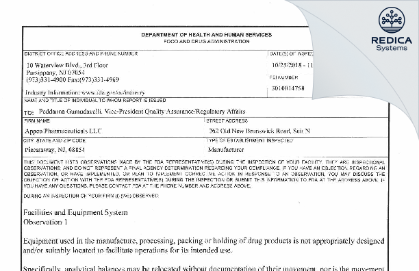 FDA 483 - APPCO PHARMA LLC [Jersey / United States of America] - Download PDF - Redica Systems