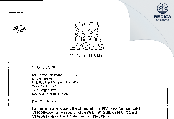 FDA 483 Response - Lyons Magnus East, LLC [Walton / United States of America] - Download PDF - Redica Systems