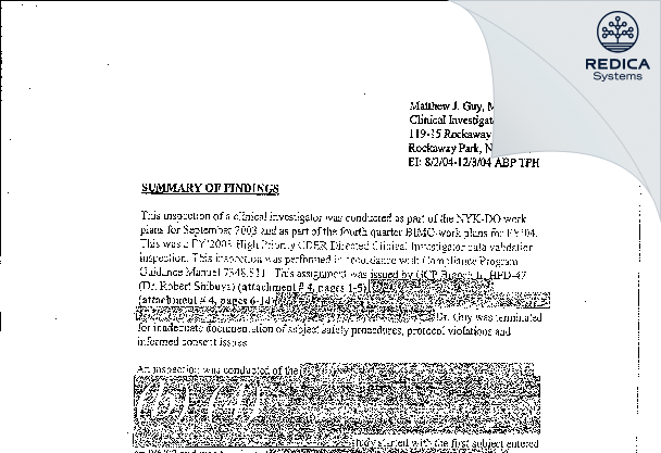 EIR - Matthew J. Guy, M.D. [Rockaway Park / United States of America] - Download PDF - Redica Systems