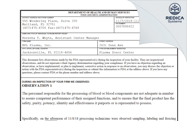 FDA 483 - BPL Plasma, Inc. [Jacksonville / United States of America] - Download PDF - Redica Systems