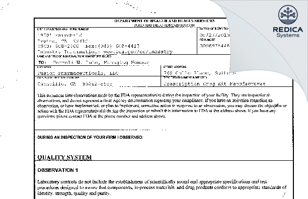 FDA 483 - California Pharmaceuticals, LLC [Camarillo / United States of America] - Download PDF - Redica Systems