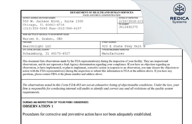 FDA 483 - Healthlight LLC [Schaumburg / United States of America] - Download PDF - Redica Systems