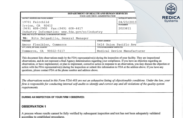 FDA 483 - Amcor Flexibles, LLC. [Commerce / United States of America] - Download PDF - Redica Systems