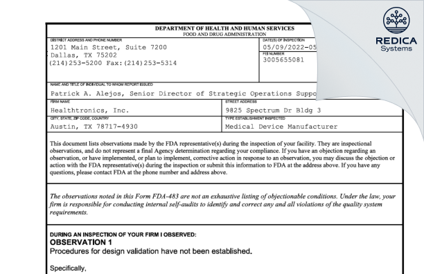 FDA 483 - Healthtronics, Inc. [Austin / United States of America] - Download PDF - Redica Systems