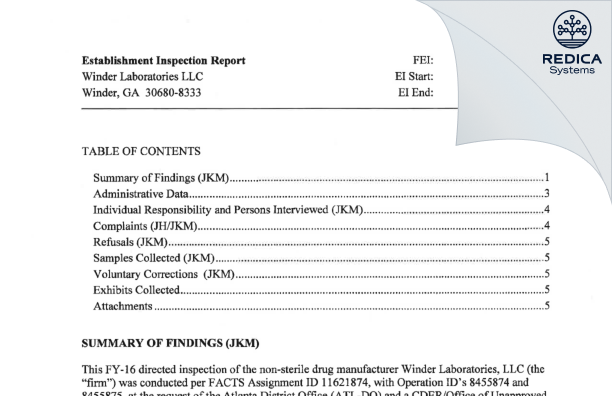EIR - WINDER LABORATORIES, LLC [Winder / United States of America] - Download PDF - Redica Systems