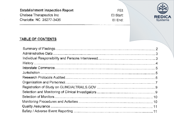 EIR - Chelsea Therapeutics Inc [Charlotte / United States of America] - Download PDF - Redica Systems