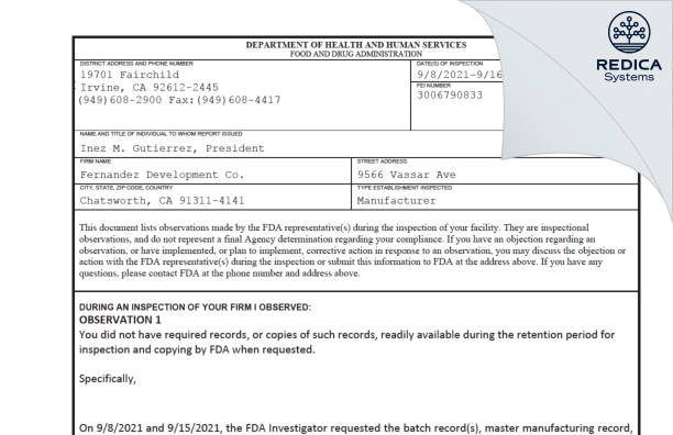 FDA 483 - Fernandez Development Co. [Chatsworth / United States of America] - Download PDF - Redica Systems