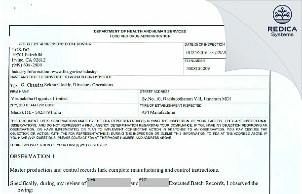 FDA 483 - VIRUPAKSHA ORGANICS LIMITED [India / India] - Download PDF - Redica Systems
