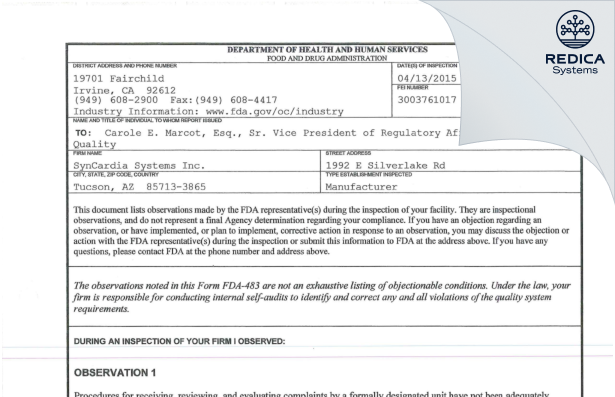 FDA 483 - SynCardia Systems LLC [Tucson / United States of America] - Download PDF - Redica Systems