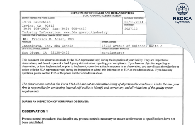 FDA 483 - Genbio [San Diego / United States of America] - Download PDF - Redica Systems