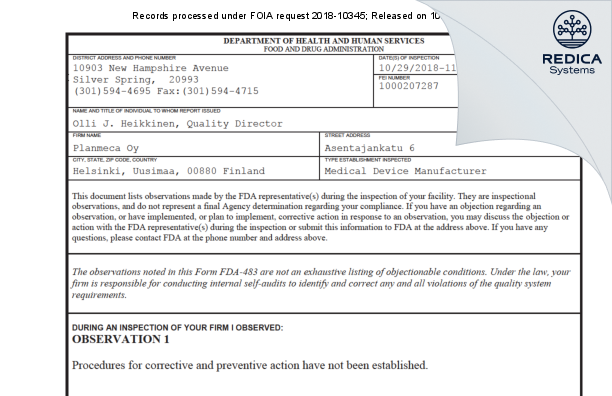 FDA 483 - Planmeca Oy [Helsinki / Finland] - Download PDF - Redica Systems
