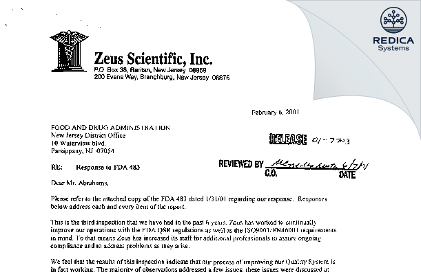 FDA 483 Response - Zeus Scientific, Inc. [Branchburg / United States of America] - Download PDF - Redica Systems