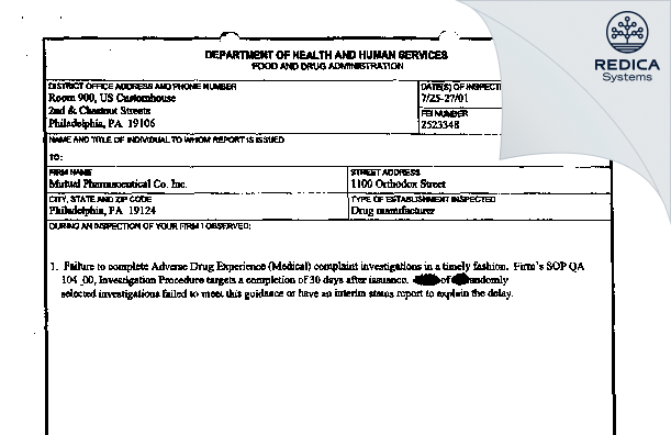 FDA 483 - Frontida BioPharm, LLC [Philadelphia / United States of America] - Download PDF - Redica Systems