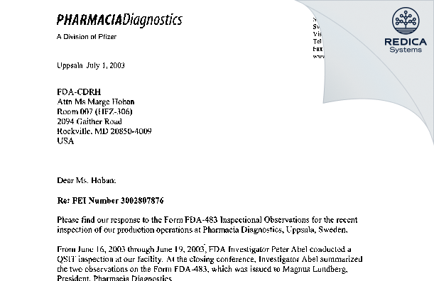 FDA 483 Response - Phadia Ab [Uppsala / Sweden] - Download PDF - Redica Systems