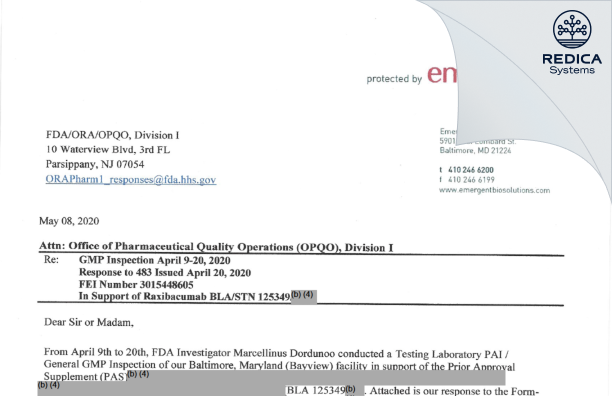 FDA 483 Response - Emergent Manufacturing Operations Baltimore LLC [Baltimore / United States of America] - Download PDF - Redica Systems