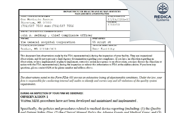 FDA 483 - The General Hospital Corporation [Boston / United States of America] - Download PDF - Redica Systems