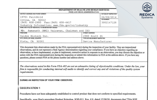 FDA 483 - Caldon Biotech Inc. [Vista / United States of America] - Download PDF - Redica Systems