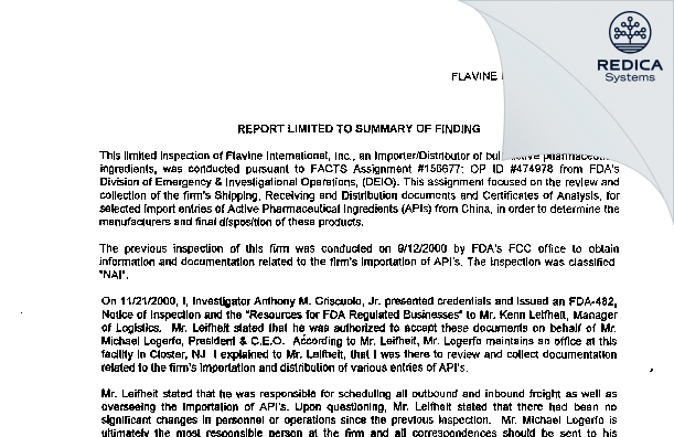 EIR - Flavine International Inc [Closter / United States of America] - Download PDF - Redica Systems