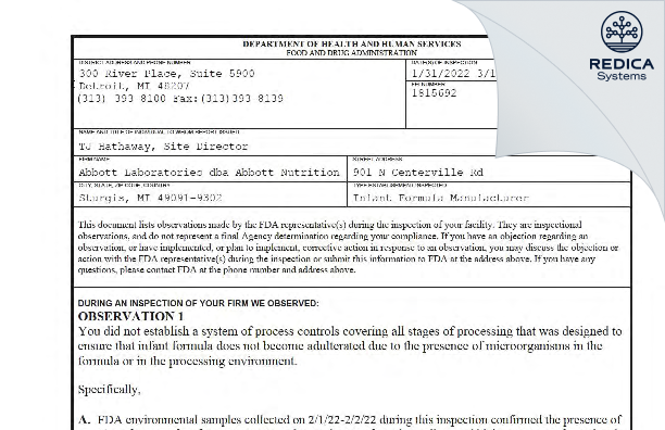FDA 483 - Abbott Laboratories [Sturgis / United States of America] - Download PDF - Redica Systems