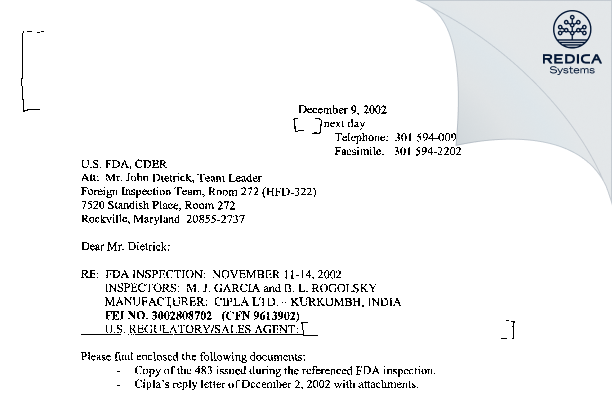 FDA 483 Response - CIPLA LIMITED [India / India] - Download PDF - Redica Systems