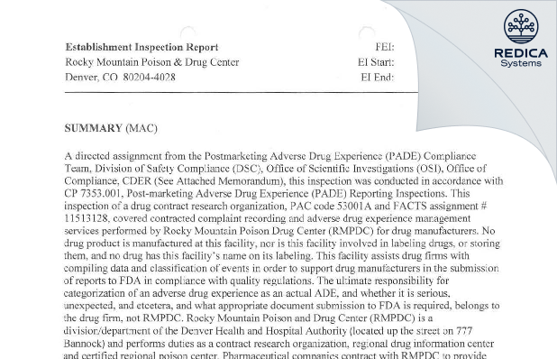 EIR - Rocky Mountain Poison & Drug Center [Denver / United States of America] - Download PDF - Redica Systems