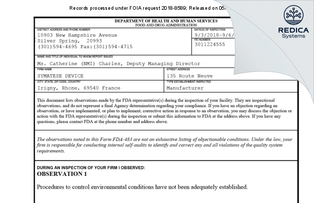 FDA 483 - SYMATESE DEVICE [Irigny / France] - Download PDF - Redica Systems