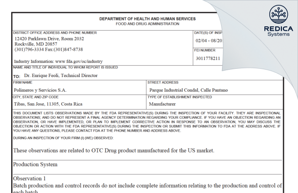 FDA 483 - Polimeros y Servicios S.A. [San Jose / Costa Rica] - Download PDF - Redica Systems