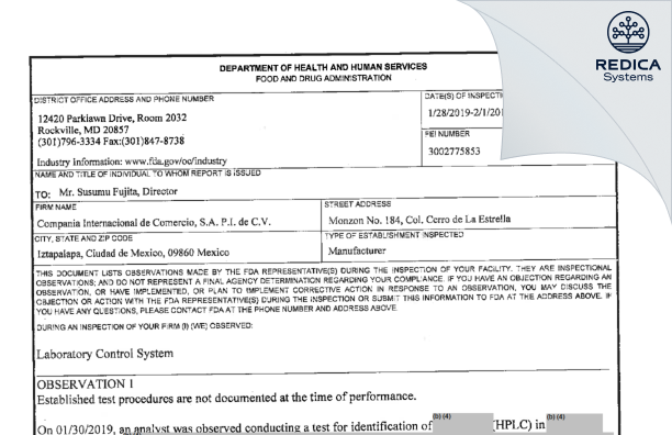 FDA 483 - Compañía Internacional de Comercio, S.A.P.I. de C.V. [Mexico / Mexico] - Download PDF - Redica Systems