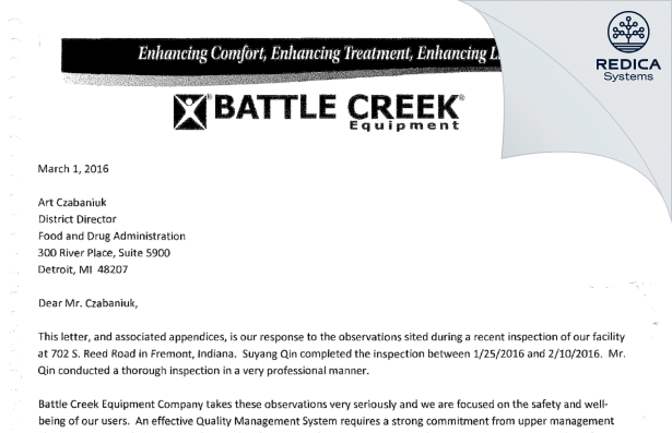 FDA 483 Response - Battle Creek Equipment Co. [Fremont / United States of America] - Download PDF - Redica Systems