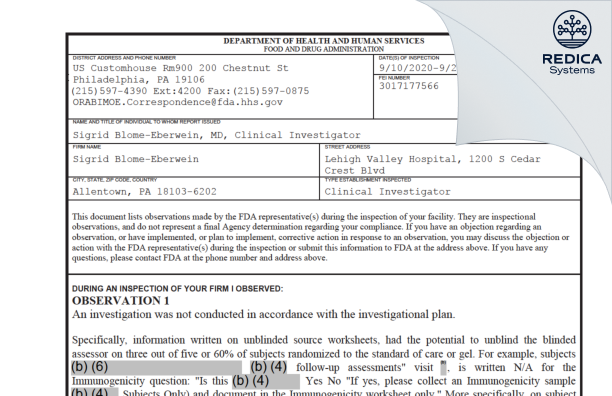 FDA 483 - Sigrid Blome-Eberwein [Allentown / United States of America] - Download PDF - Redica Systems