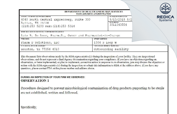FDA 483 - Pharm D Solutions, LLC [Houston / United States of America] - Download PDF - Redica Systems