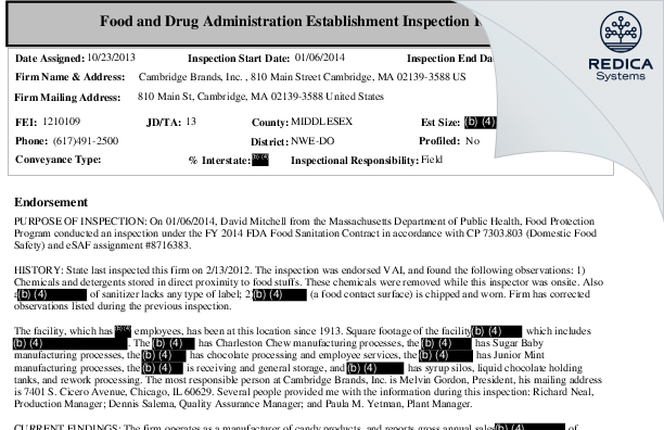 EIR - Cambridge Brands, Inc. [Cambridge / United States of America] - Download PDF - Redica Systems
