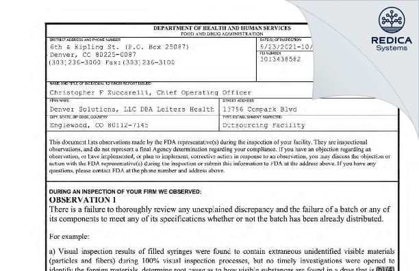 FDA 483 - Denver Solutions, LLC DBA Leiters Health [Englewood / United States of America] - Download PDF - Redica Systems