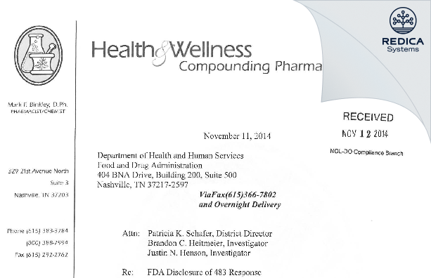 FDA 483 Response - Green Hills Health and Wellness Pharmacy Inc [Nashville / United States of America] - Download PDF - Redica Systems