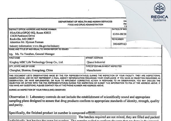 FDA 483 - Kingkey MBC Life Technology Group co., LTD. [China / China] - Download PDF - Redica Systems