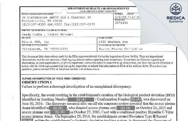 FDA 483 - Biomat USA, Inc [Pittsburgh / United States of America] - Download PDF - Redica Systems