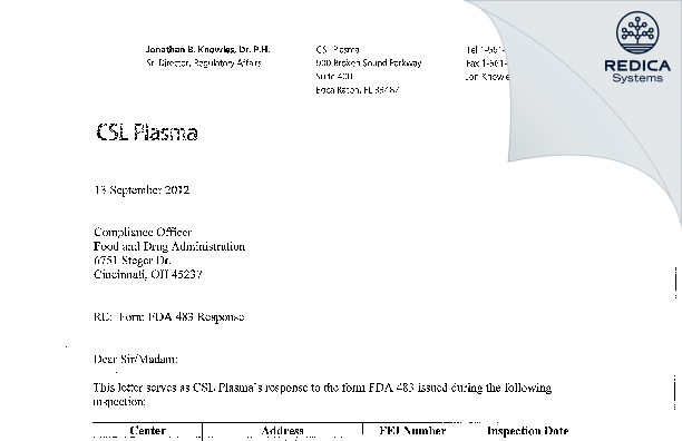 FDA 483 Response - Csl Plasma [Columbus / United States of America] - Download PDF - Redica Systems