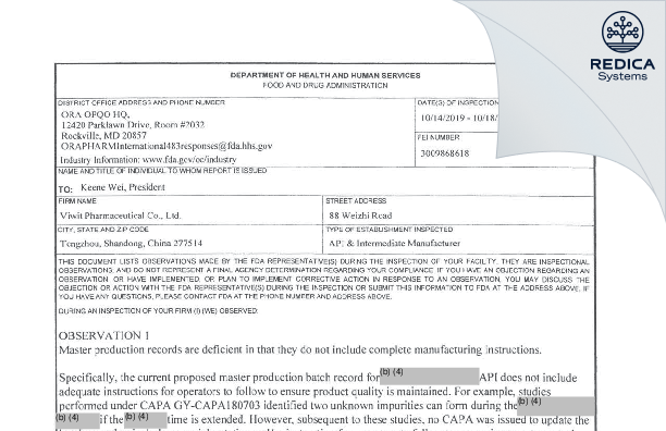 FDA 483 - Viwit Pharmaceutical Co., Ltd. [China / China] - Download PDF - Redica Systems