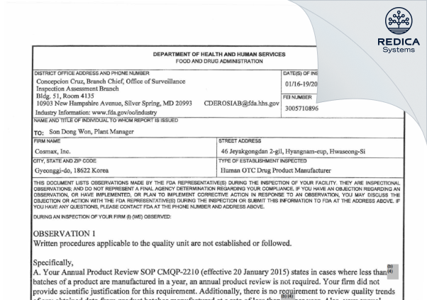 FDA 483 - Cosmax, Inc. [Korea South / Korea (Republic of)] - Download PDF - Redica Systems