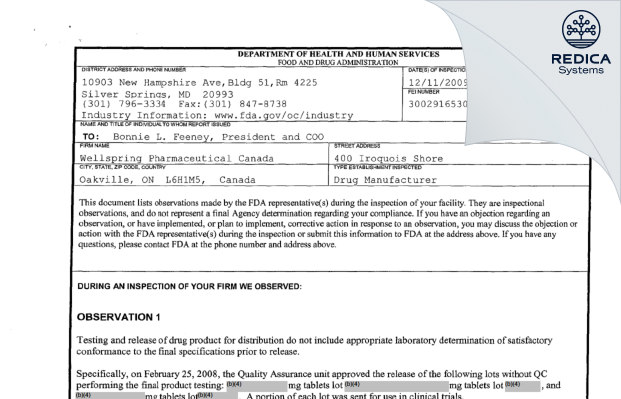 FDA 483 - ANI Pharmaceuticals Canada, Inc. [Oakville / Canada] - Download PDF - Redica Systems