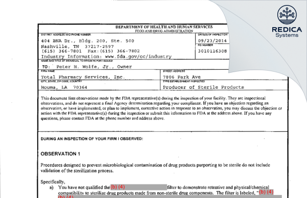 FDA 483 - Total Pharmacy Services, Inc. [Houma / United States of America] - Download PDF - Redica Systems