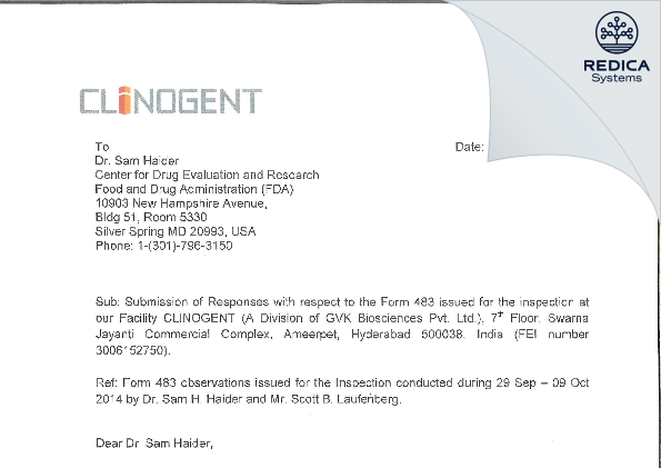 FDA 483 Response - Clinogent (A Division of GVK Biosciences Pvt. Ltd.) [Hyderabad / India] - Download PDF - Redica Systems