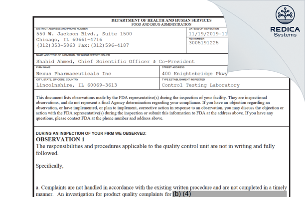 FDA 483 - Nexus Pharmaceuticals, LLC [Lincolnshire / United States of America] - Download PDF - Redica Systems